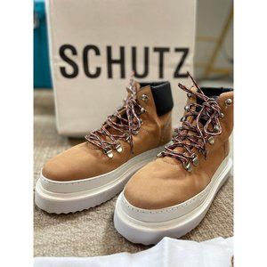 NIB SCHUTZ MARLUA PLATFORM LACE WATERPROOF HONEY BEIGE BLACK SZ 7.5B